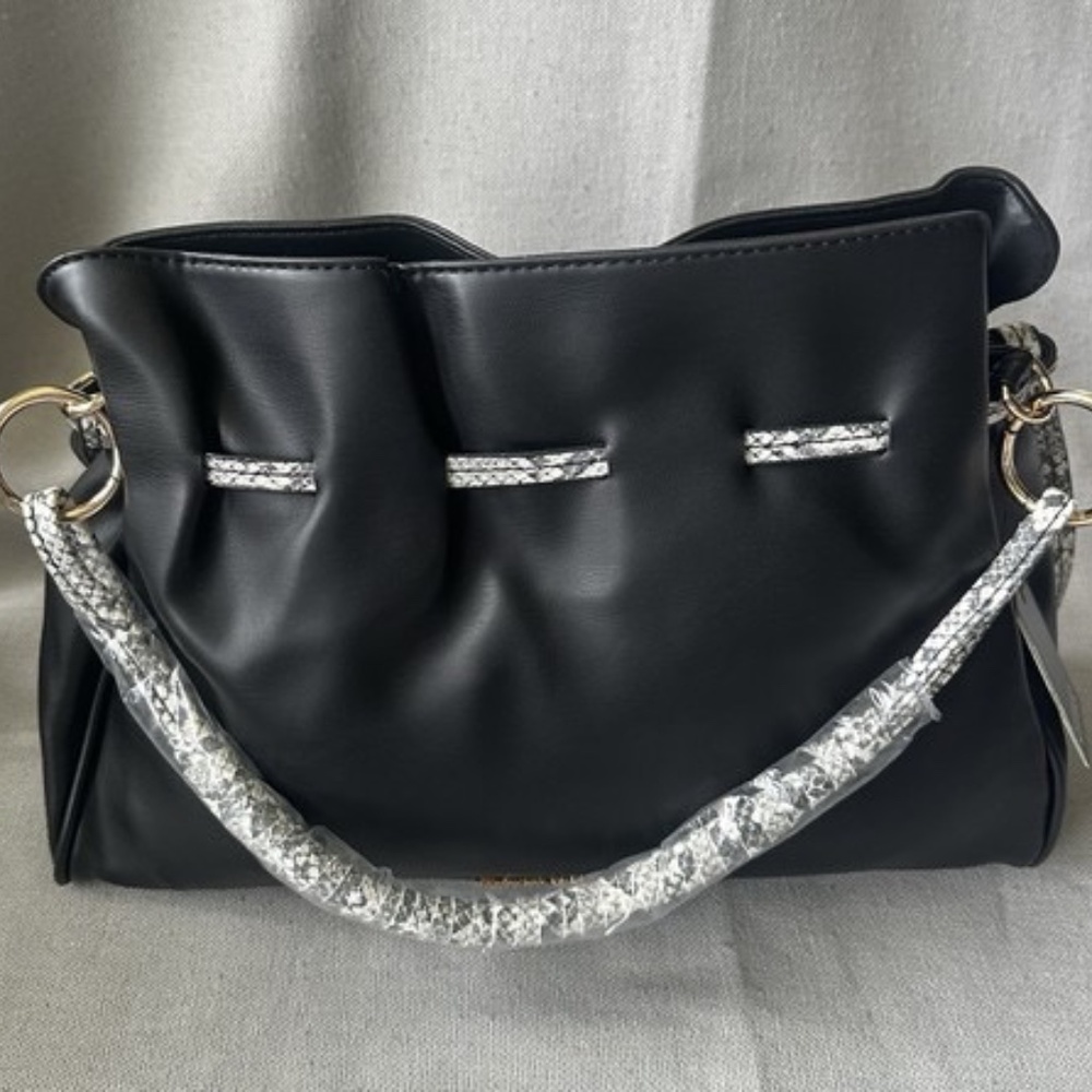 BADGLEY MISCHKA Vegan Drawstring Purse Snake Trim Crossbody New Black - Picture 11 of 13
